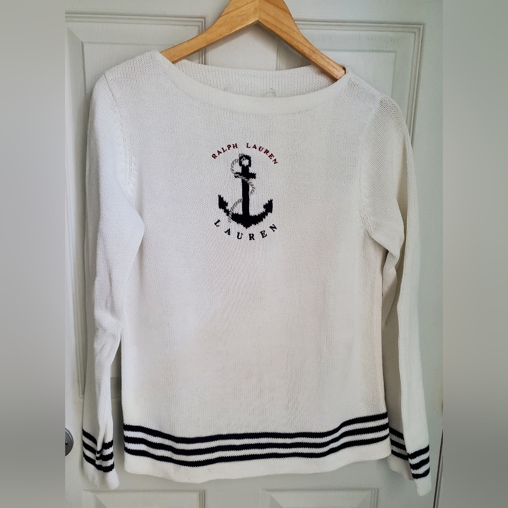 Lauren Ralph Lauren Sweater M Anchor Nautical Coastal Stripe Boat Neck Vintage